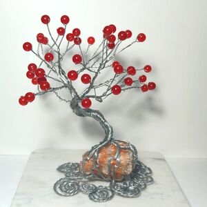 Silver Tone Wire Wrapped Tree with Red Banded Calcite base and red berry leaves